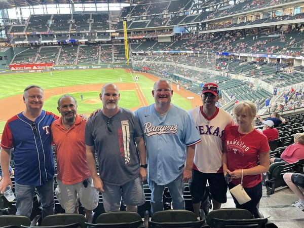 Friends who worked together at McDonald’s in the 1980s reunite at a Texas Rangers game in 2023. Pictured, from left, are Barry Ryan, Rick Kalifa, Scott Ross, Bobby Ross Jr., Tony Cintron and Cintron’s wife.