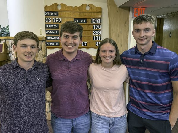 From left, Eli Heavin, Cayden Green, Grace Heavin and Nolan Heavin speak with The Christian Chronicle after the Saturday night sermons at the Show Me State Bible Lectures.