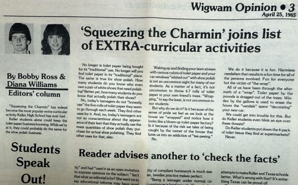 As high school students, Bobby Ross Jr. and Diana Dworin wrote a column about students’ toilet paper pranks.