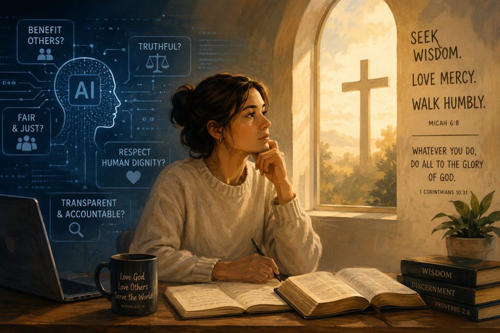 An AI-generated image depicts a Christian weighing AI use against Christian values.