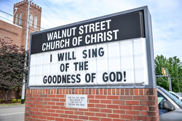 The Walnut Street church’s sign references the hymn “Goodness of God.”
