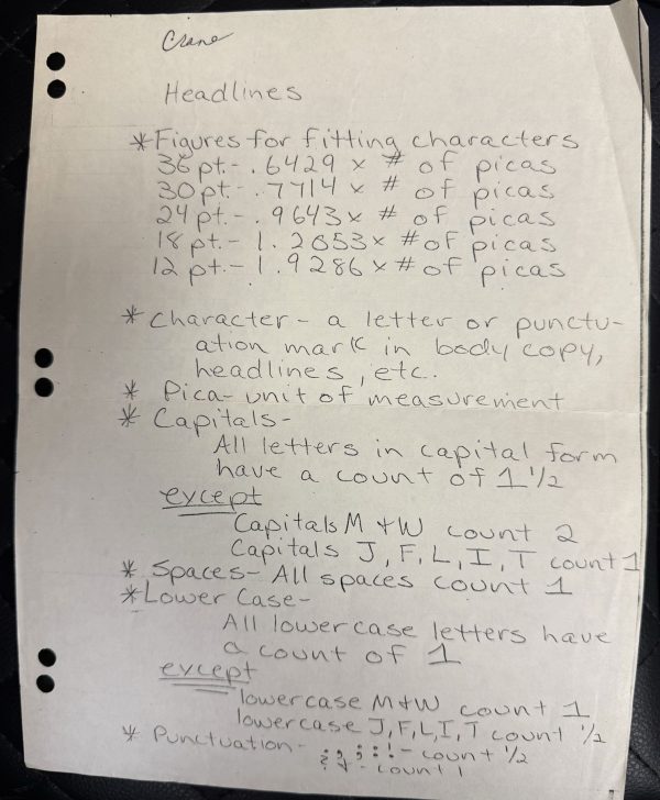 Diana Dworin’s notes from a high school journalism class taught by Janie Crane Burchfield in the 1980s offer tips for counting headlines.