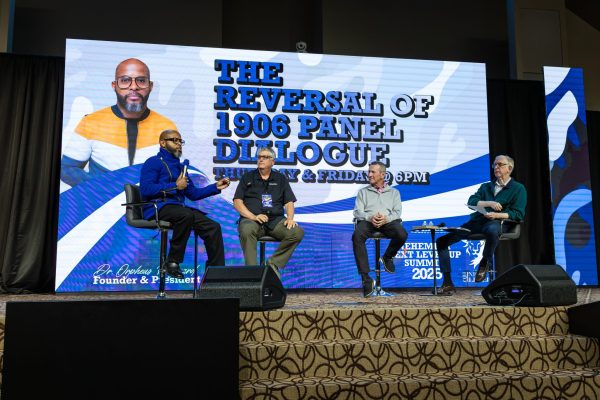 From left, Renaissance Church of Christ minister Orpheus Heyward moderates a panel on “The Reversal of 1906” with The Christian Standard publisher Jerry Harris, The Hills Church of Christ minister Rick Atchley and Lipscomb University Bible dean Leonard Allen.
