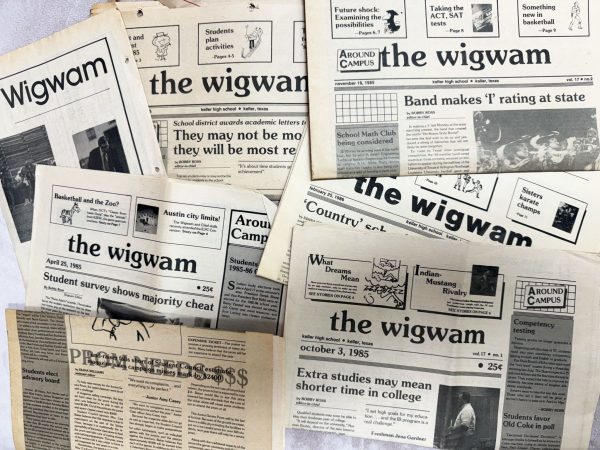 1980s-era copies of The Wigwam, the Keller High School student newspaper, are pictured. 