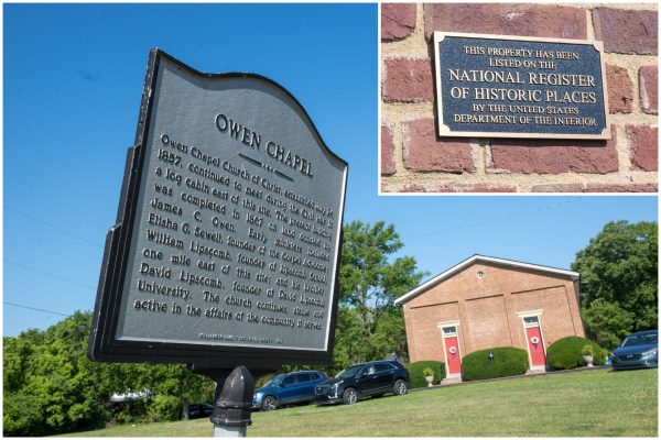 A historic marker details some of the history of the Owen Chapel Church of Christ and its connection to David Lipscomb. A separate plaque notes the buildings place on the National Register of Historic Places.