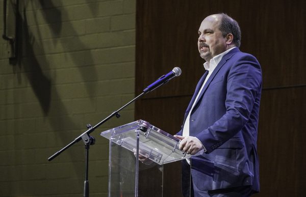 Doug Burleson welcomes guests who made the icy journey to the 2026 Spiritual Growth Workshop at Freed-Hardeman University. 