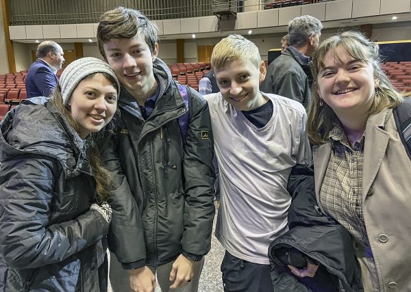 Students (from left) Emily Taylor, Daniel Hamrick, Huey Allen and Brooke Wheeler speak with The Christian Chronicle after a session at the Spiritual Growth Workshop.