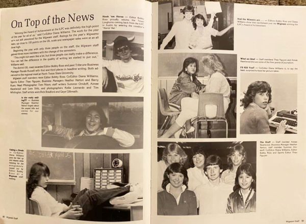 A Keller High School yearbook article from the 1980s profiles the student newspaper staff, including Bobby Ross Jr. Even though Ross is pictured in a Texas Longhorns hat, he later repented and became an Oklahoma Sooners fan.